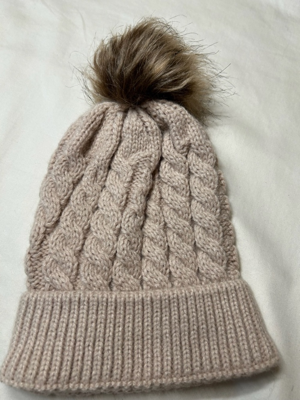 Baby Knit Cable Pom Beanie in Light Taupe